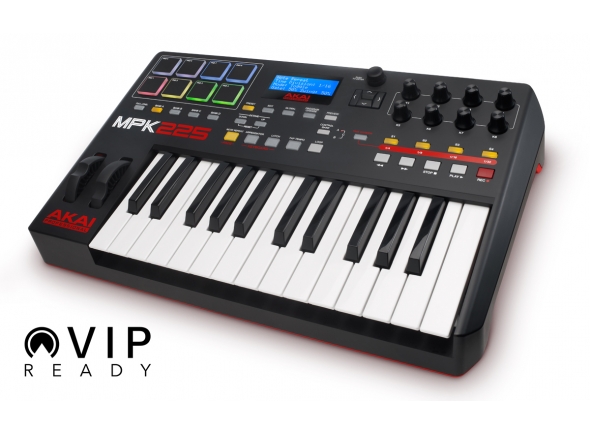 Akai MPK 225
Akai MPK 225 com 25 teclas semi-pesadas de tamanho completo com aftertouch
Pads: 8 pads iluminados sensíveis à velocidade e pressão, estilo MPC x 4 bancos
Controles Q-Link: 8 knobs de controle programáveis e 4 botões iluminados
Interface com o Computador: USB-MIDI e entrada/saída MIDI 5 pinos
Oitavas: 10 com Octave Up e Down
Arpeggiator: Sim
Controles adicionais: MPC Note Repeat, MPC Full Level, Tap Tempo e Time Division
Entradas adicionais: (1) entrada de pedal de expressão TRS 1/4 '(6,35 milímetros) e (1) entrada TS de pedal sustain ou footswitch
Akai MPK 225
Akai MPK 225 com 25 teclas semi-pesadas de tamanho completo com aftertouch
Pads: 8 pads iluminados sensíveis à velocidade e pressão, estilo MPC x 4 bancos
Controles Q-Link: 8 knobs de controle programáveis e 4 botões iluminados
Interface com o Computador: USB-MIDI e entrada/saída MIDI 5 pinos
Oitavas: 10 com Octave Up e Down
Arpeggiator: Sim
Controles adicionais: MPC Note Repeat, MPC Full Level, Tap Tempo e Time Division
Entradas adicionais: (1) entrada de pedal de expressão TRS 1/4 '(6,35 milímetros) e (1) entrada TS de pedal sustain ou footswitch