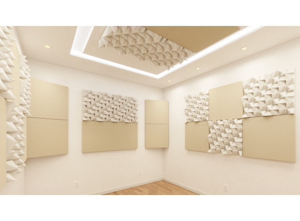 Tratamento Acústico/Packs Completos para tratamento acústico Profissional ATP Pack 1.1 Bege e Branco – 4 Caixas Coralreef + 2 Caixas Basmel + 4 Caixas CTBASS (32 painéis)