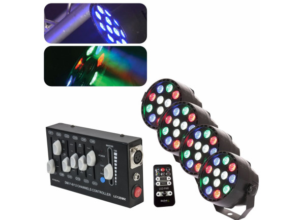 Projector LED PAR DIV   4x Projetor PAR 12 LEDs RGBW e Controlador DMX 12 Canais