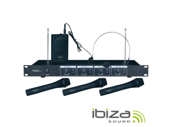 Sistema sem fios com microfone de mão Ibiza  Central Microfone S/ Fios 4 Canais VHF 201.1/207.5MHZ VHF4