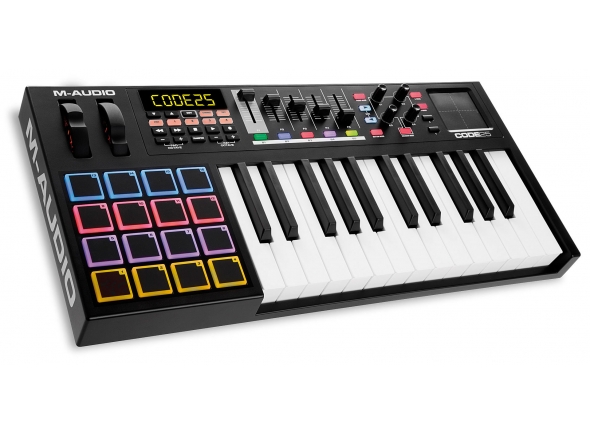 M-Audio Code 25 Black
M-Audio Code 25 Black 25 teclas de tamanho completo, sensíveis à velocidade com aftertouch e quatro zonas programáveis para splits e camadas
XY pad totalmente atribuível, para o controlo HID e uma forma única para controlar vários parâmetros em instrumentos virtuais
16 Pads disparadores totalmente atribuíveis sensíveis à velocidade para a produção de beats, disparar clips e mais
4 Encoders atribuíveis de 360 graus para a manipulação de sua DAW, instrumentos virtuais e plugins
5 faders programáveis permitem-lhe controlar a sua DAW, instrumentos virtuais e plugins
5 botões programáveis permitem atribuir mensagens dos atalhos e MIDI para controlar a sua DAW e instrumentos virtuais
Controlo de transporte Mackie/HUI permite uma configuração simples com as DAWs mais populares
LCD fornece feedback instantâneo de parâmetros
Entrada de pedal Sustain e Volume para controlo mais criativo
Alimentado via USB, com entrada e saída MIDI 5 pinos que permite o envio de mensagens MIDI de sequenciadores do PC para o seu sintetizador analógico favorito
Inclui Ableton Live Lite
Inclui Hybrid 3.0 e Loom da AIR Music Tech
M-Audio Code 25 Black
M-Audio Code 25 Black 25 teclas de tamanho completo, sensíveis à velocidade com aftertouch e quatro zonas programáveis para splits e camadas
XY pad totalmente atribuível, para o controlo HID e uma forma única para controlar vários parâmetros em instrumentos virtuais
16 Pads disparadores totalmente atribuíveis sensíveis à velocidade para a produção de beats, disparar clips e mais
4 Encoders atribuíveis de 360 graus para a manipulação de sua DAW, instrumentos virtuais e plugins
5 faders programáveis permitem-lhe controlar a sua DAW, instrumentos virtuais e plugins
5 botões programáveis permitem atribuir mensagens dos atalhos e MIDI para controlar a sua DAW e instrumentos virtuais
Controlo de transporte Mackie/HUI permite uma configuração simples com as DAWs mais populares
LCD fornece feedback instantâneo de parâmetros
Entrada de pedal Sustain e Volume para controlo mais criativo
Alimentado via USB, com entrada e saída MIDI 5 pinos que permite o envio de mensagens MIDI de sequenciadores do PC para o seu sintetizador analógico favorito
Inclui Ableton Live Lite
Inclui Hybrid 3.0 e Loom da AIR Music Tech