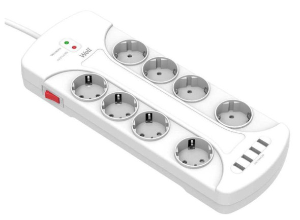 Extensão Eléctrica Well Extensão Elétrica 8x Schuko 4 USB Interruptor 3m